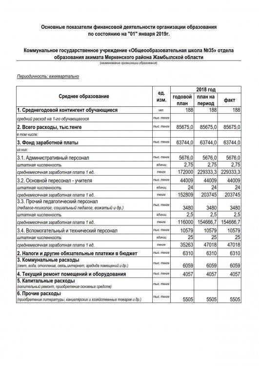 Основные показатели финансовой деятельности организации образования по состоянию на "01" января 2019г.