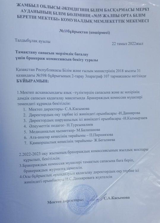 Тамақтану сапасына мониторинг жүргізу жөніндегі бракераж комиссиясын бекіту туралы