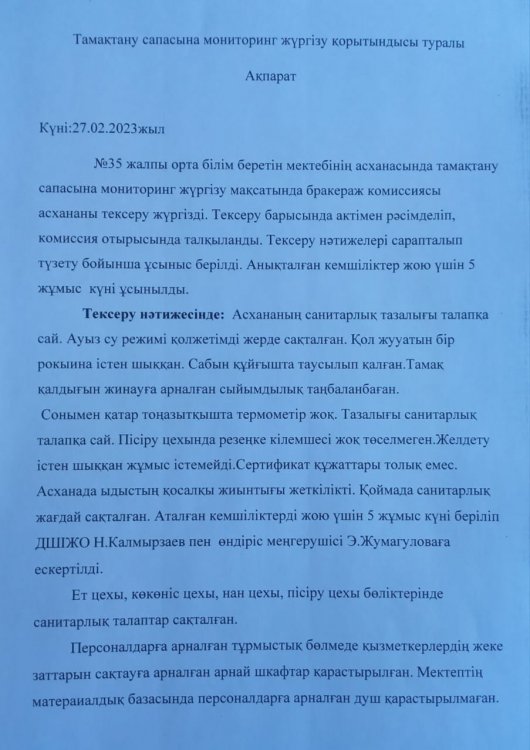 Тамақтану сапасына мониторинг жүргізу актісі № 6