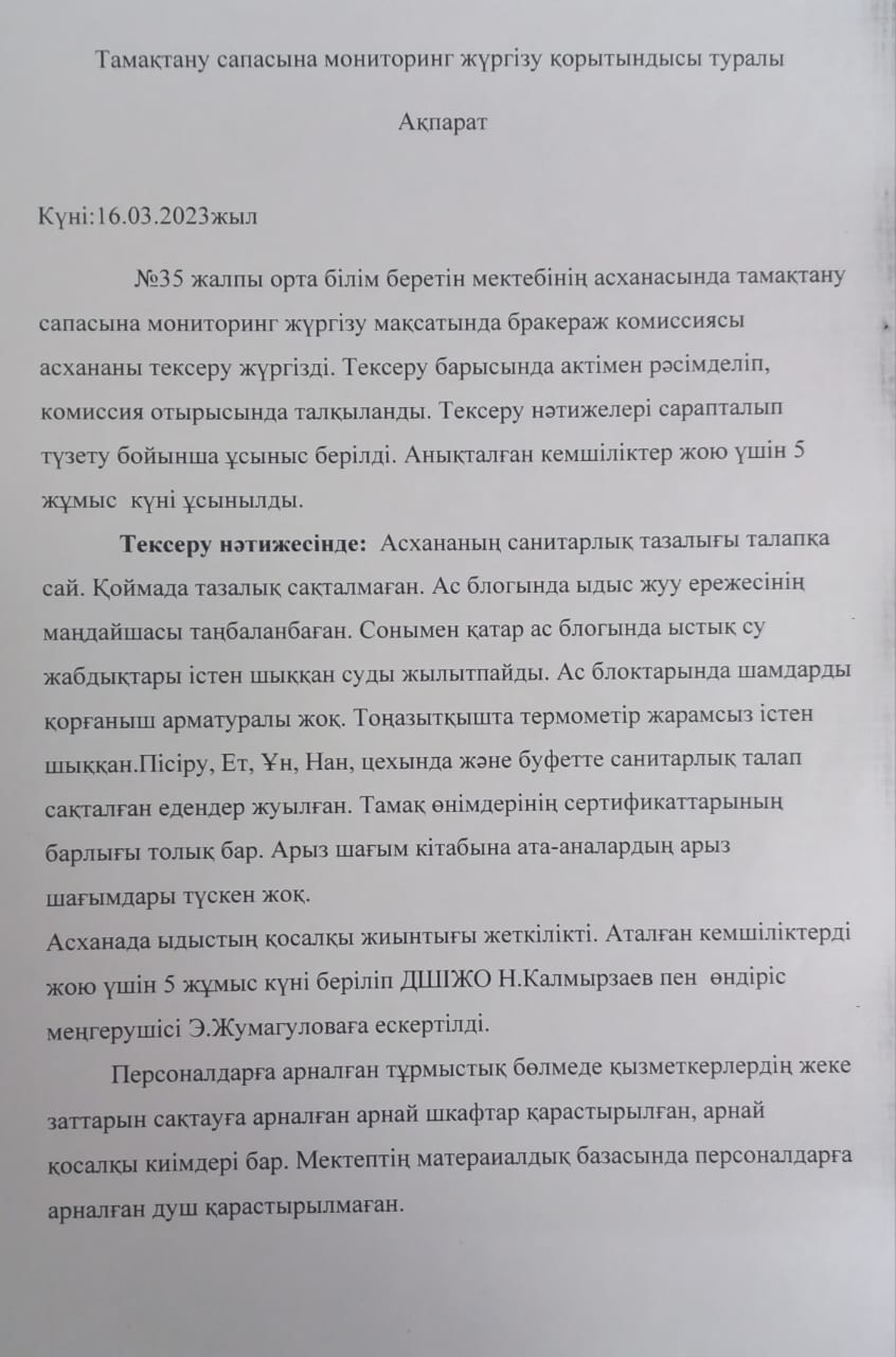 Тамақтандыру сапасына мониторинг жүргізу актсі №7